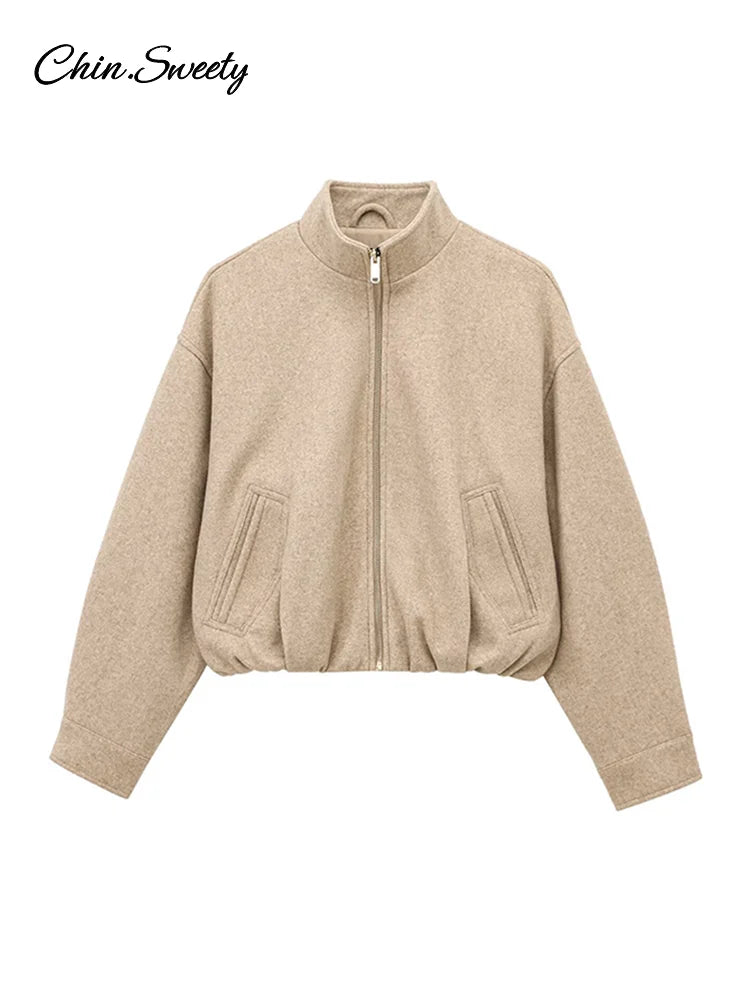’s Khaki Bomber Jacket Stand Collar Zipper Pocket Long Sleeve Short Coats Female Spring Thick Warm Outwear New