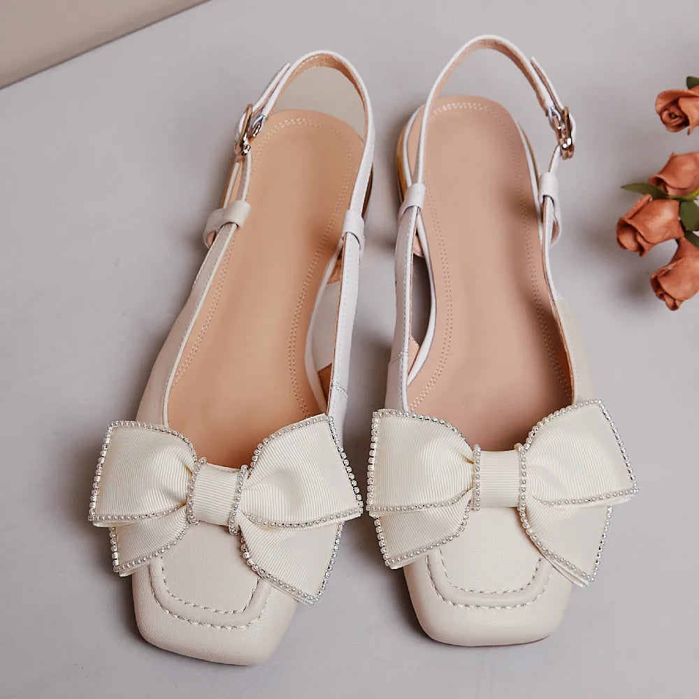 Genuine Leather Slingback Slipon Flats Sandals Square Toe Sweet Bowtie Korean Style Summer Flats Sandalias Shoes
