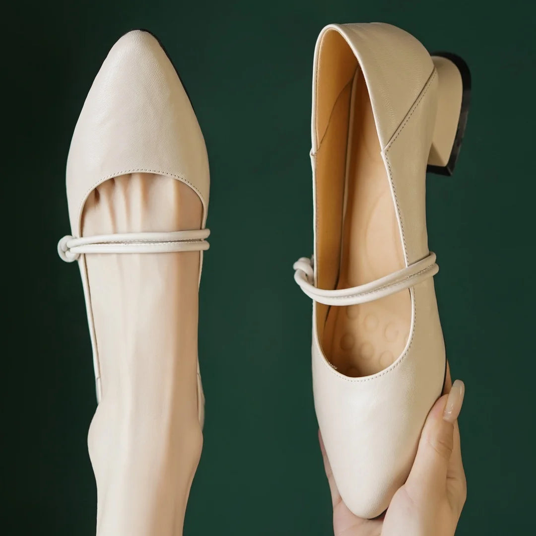 3441 Genuine Leather Pointed Toe Mary Jane Pumps 3cm Kitten Heel Daily Dress Heeled Shoes