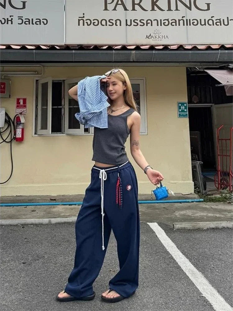 Y2k Kpop Oversized Sweatpants Wdie Leg Trousers With Belt Gyaru Korean Baggy Joggers