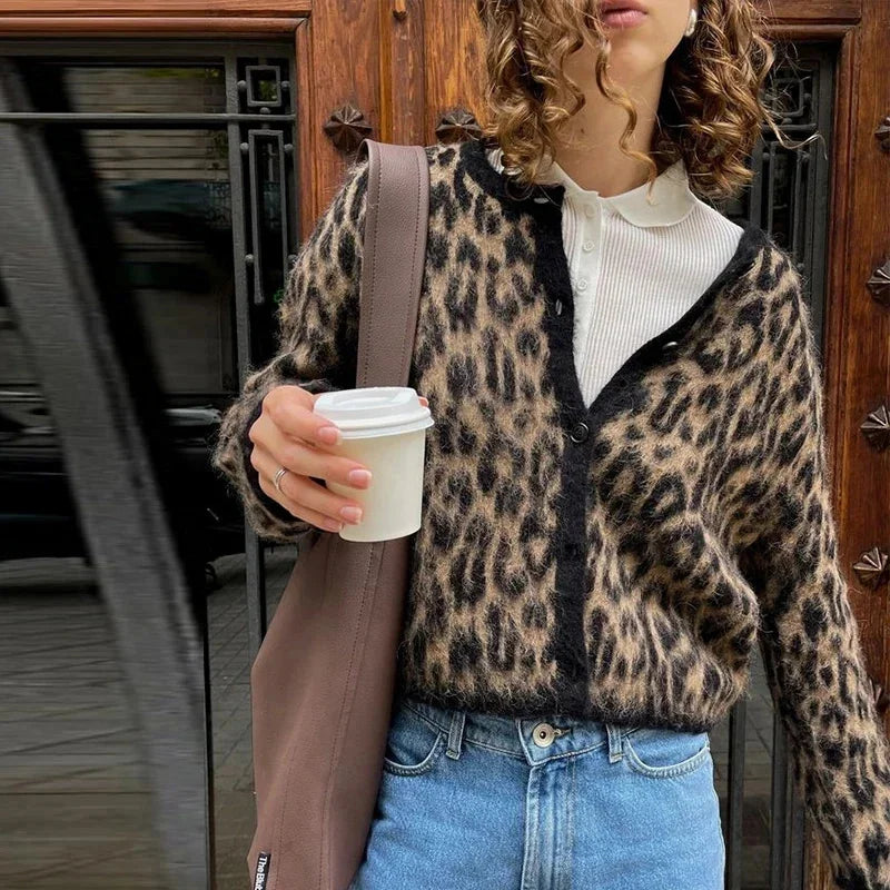 Leopard Print Knitted Mohair Cardigans O Neck Single Breasted Short Sweater Autumn New Lady
