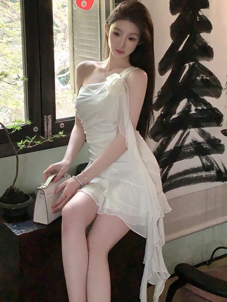 Y2k Sweet Fairy Dresses White Diagonal Collar Ruffle Birthday Party Mini Dress Slim Waist Short Vestidos