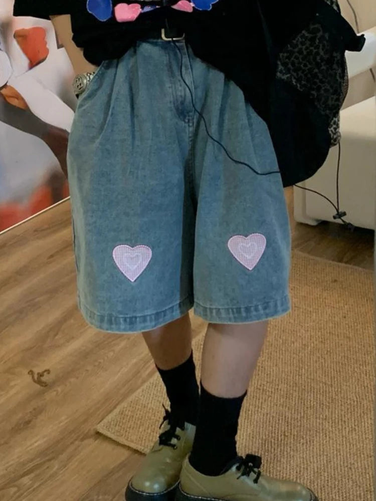 Print Washed Wide Leg Denim Pants Couple Oversized Cropped Baggy Jeans 2000s Y2k Shorts
