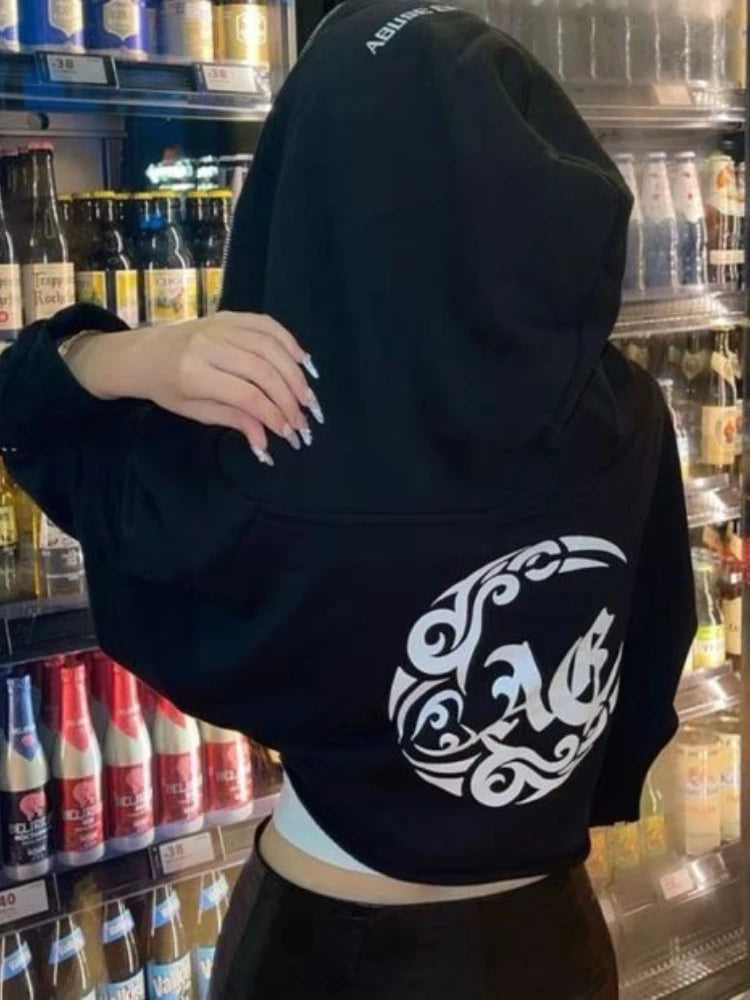 Goth Print Hoodies Retro Harajuku Hip Hop Jacket High Street Zip Up Hoodie Sweatshirt Clothes Y2k Crop Tops
