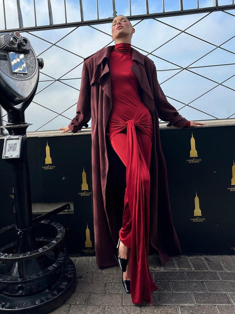 High Neck Long Sleeve Bodycon Dress for Tight Elastic Lace Up Maxi Long Dress Autumn New Party Club Vestidos