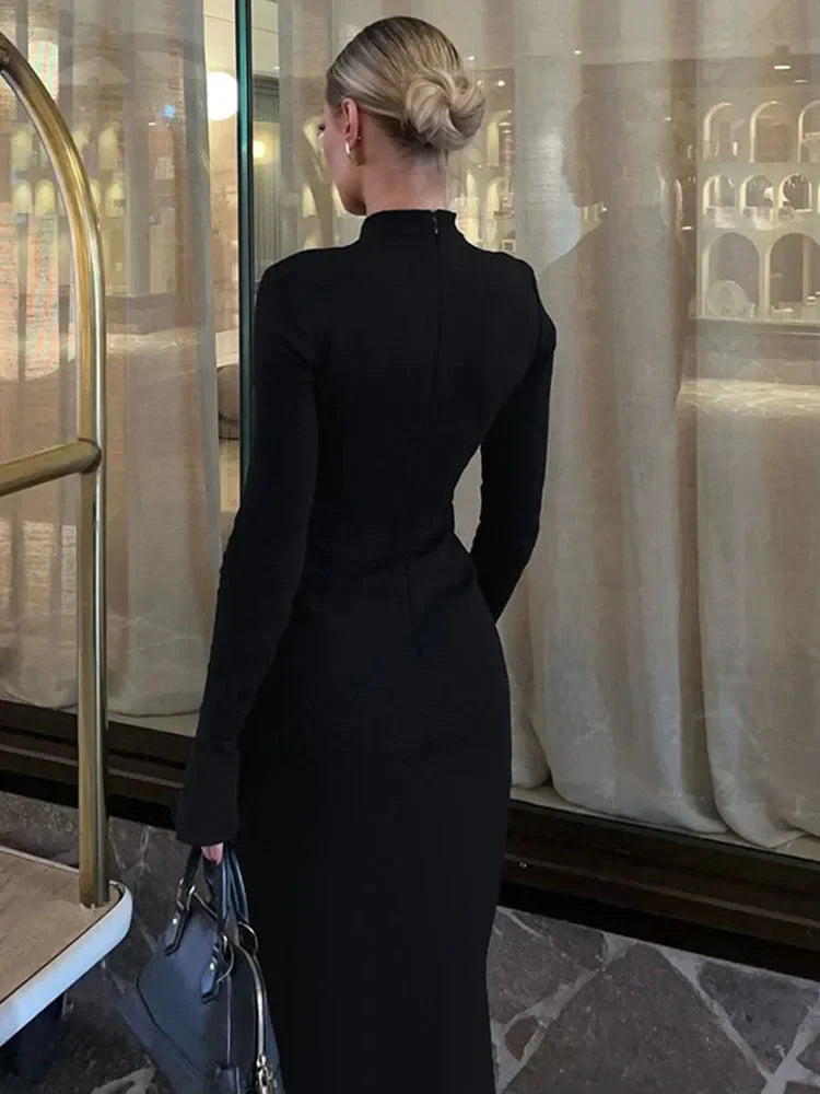 Half Turtleneck Long Sleeves Maxi Dress Office Lady Clothing Back Slit Gown Dress Female Autumn
