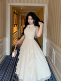 New Strapless Sleeveless White Chiffon Long Dress French Retro Fairy Tale Princess Dress Ruffled Fluffy Dress