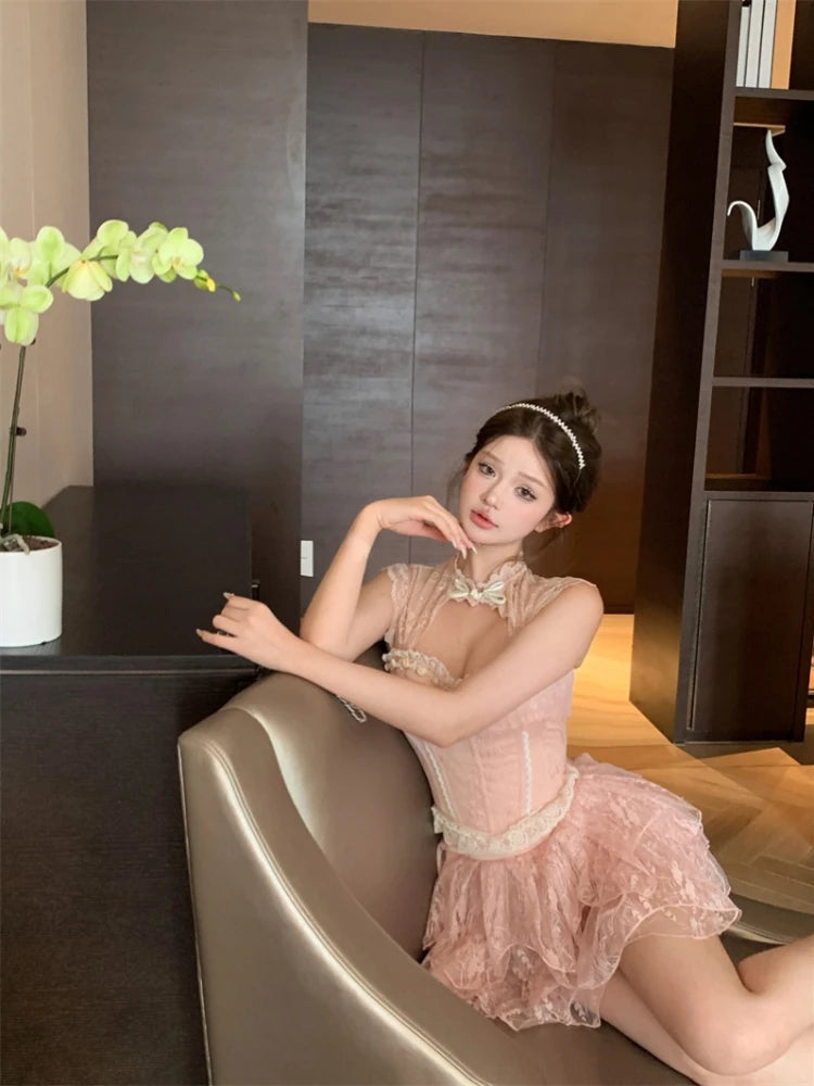 Sweet 2 Piece Skirt Sets Female Bow Lace Patchwork Y2k Corset Blouse + Mini Skirts Japanese Lolita Suits Summer New