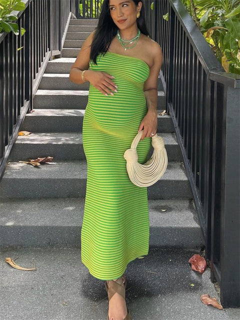 Striped Knit Female Long Dress Bandeau Loose Contrast High Waist Backless Patchwork Summer Knitwear Maxi Dress