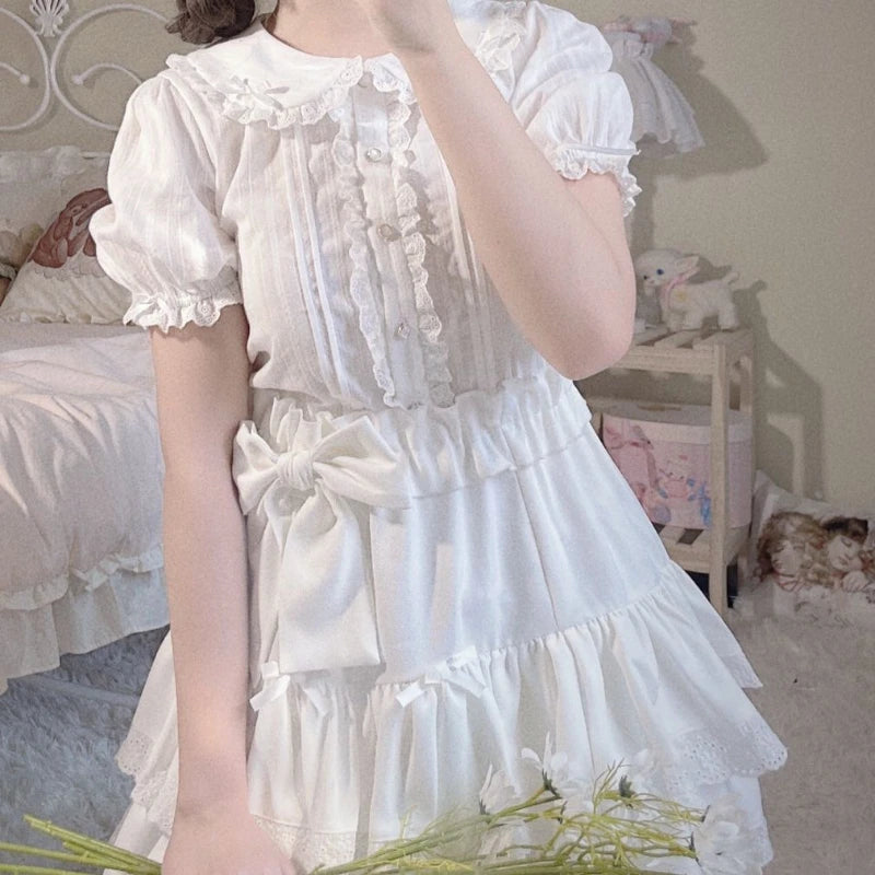 Fairy Skirt Summer Japanese Soft Girl Bow High Waist Cake Skirt Lace Short Skirt Student Versatile Half Skirt