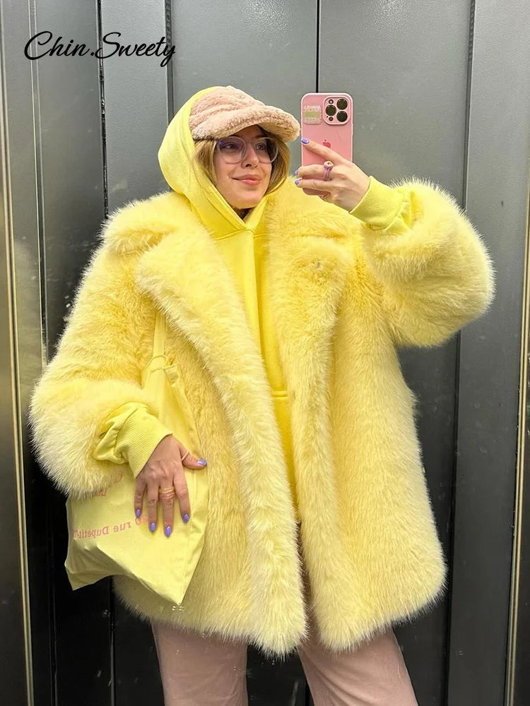 ’s Brown Faux Fur Coat Lapel Mid-length Loose Imitation Plush Furry Buckle Overcoat Winter Lady Thick Warm Outwear