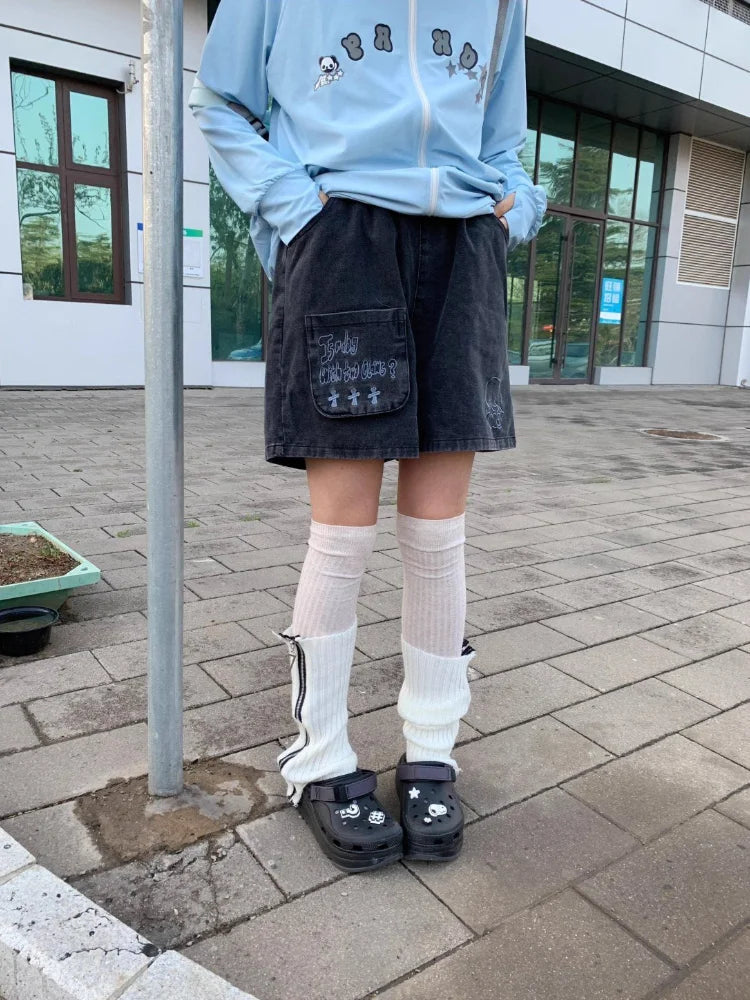 Y2k Japanese Denim Shorts Harajuku Cartoon Embroidery Baggy Summer Jeans Short Bottoms