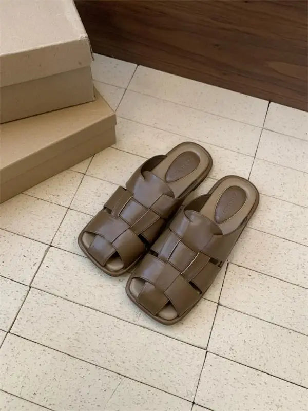 Slippers Summer Shoes Low Slides Cover Toe Pantofle Fretwork Heels Flat Rubber Pu Fabric Hoof Shoes Wo