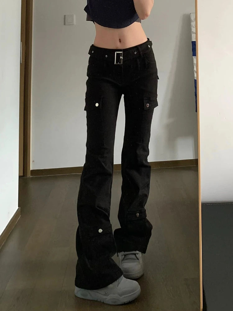 Woman Stretch Jeans Low Waist Denim Floorlength Multiple Pockets Dark Academia Pants Baddie Style Japanese