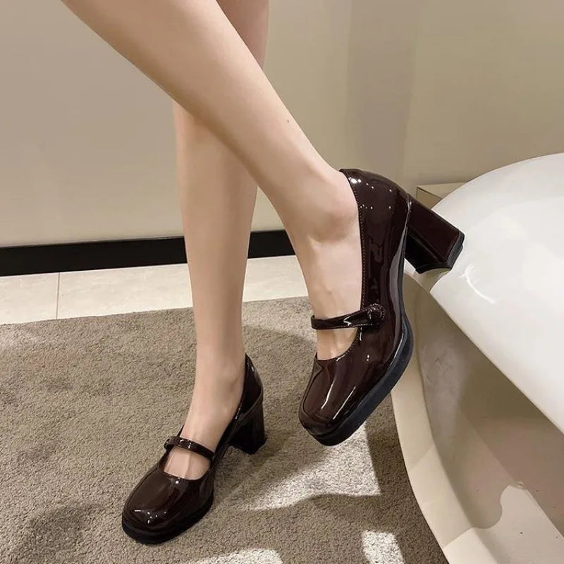 French Retro Leather Chunky Mary Jane Shoes Soft Soled Slipon High Heels Designer Jk Woman Shoes
