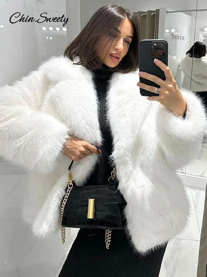 Fluffy Faux Fur Coat Loose Lapel Plush Long Sleeve Buckle Thick Jacket Autumn Winter Warm Overcoat New