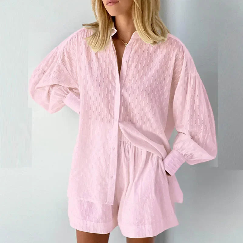 New Beach Shirt Shorts Twopiece Set Summer Tracksuit Female Loose Long Sleeve Top Suit Lounge Wear Homewear