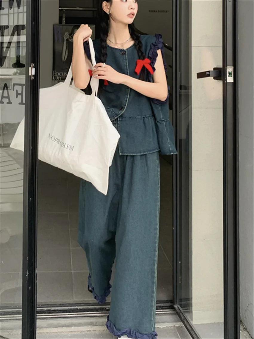 Sweet Denim Vest Coats Loose Wide Leg Jeans Sets Office Lady High Street Summer Suits