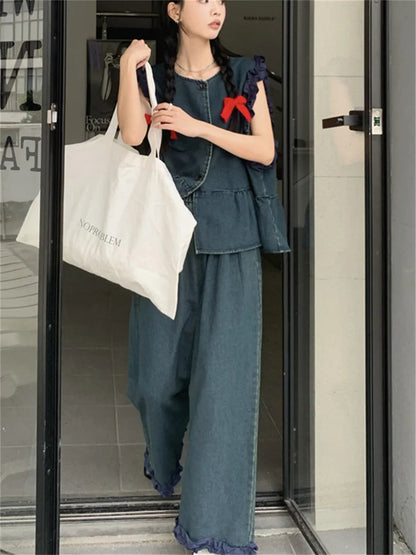 Sweet Denim Vest Coats Loose Wide Leg Jeans Sets Office Lady High Street Summer Suits