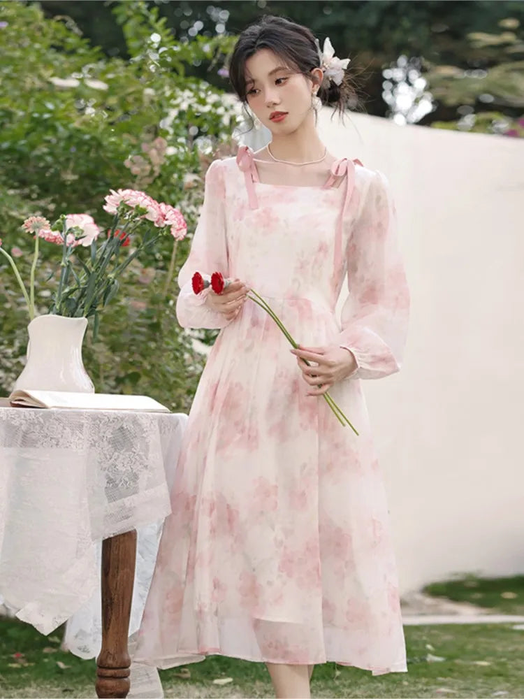 Party Long Dresses Spring Fairycore Dress Pink Bow Laceup French Style Square Neck Fairy Dresses Female Cloting New