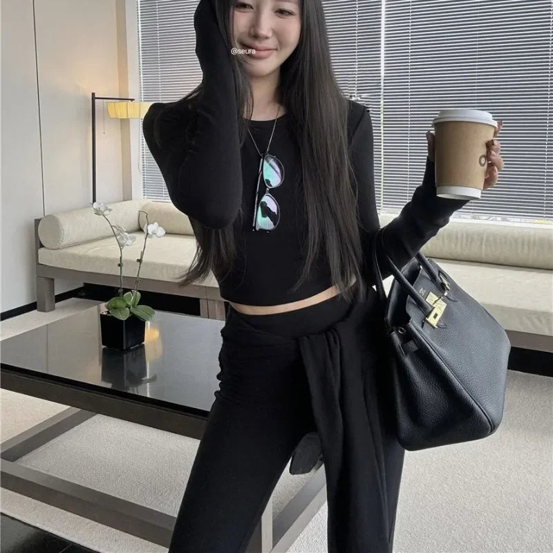 Autumn New Laceup Color Wide Leg Pants + Slim Longsleeved Tshirt Twopiece Suit