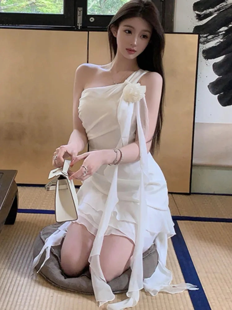 Y2k Sweet Fairy Dresses White Diagonal Collar Ruffle Birthday Party Mini Dress Slim Waist Short Vestidos