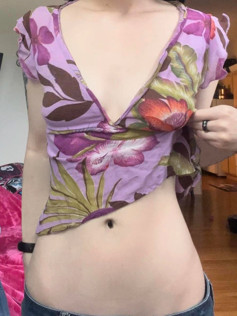 Butterfly Sleeve Slim Fit V-neck Blouse Crop Top