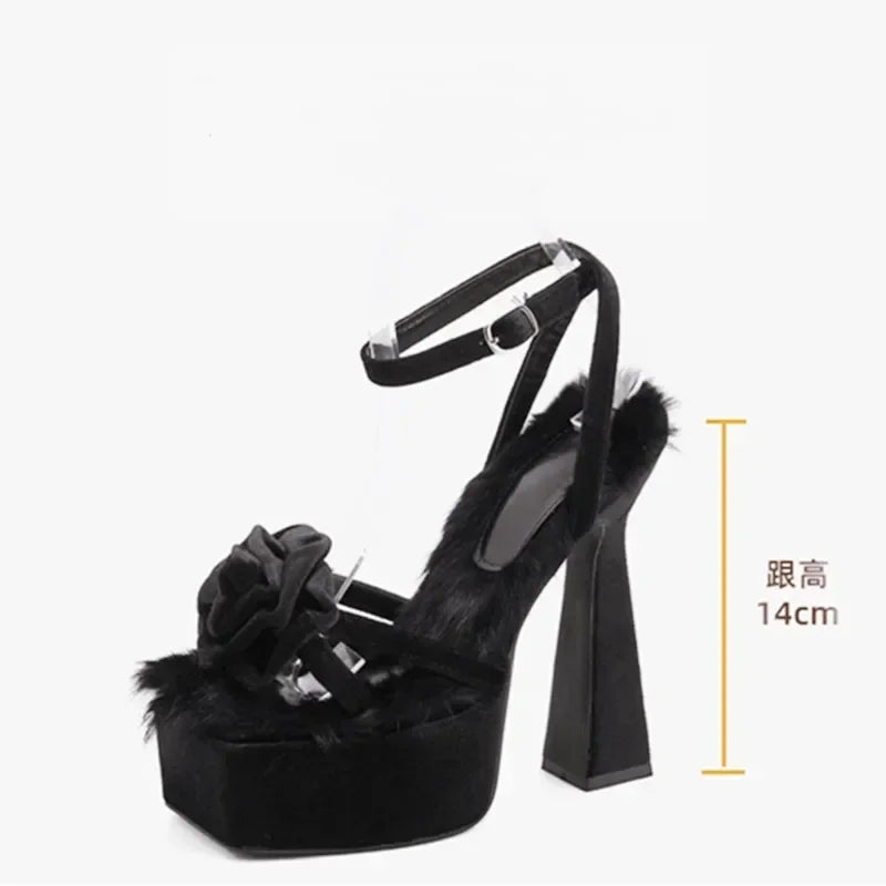 Super High 14cm High Heels Summer Comfort Plush Design Chunky High Heel Sandals Banquet Dress Shoes