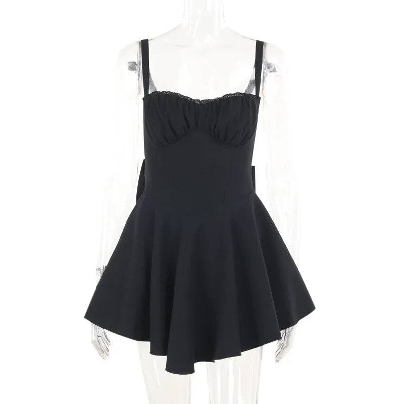 Bows Spaghetti Strap Dress for Plunge Bodycon Mini Dress Zipper A-line Backless Folds Party Dress High Waist