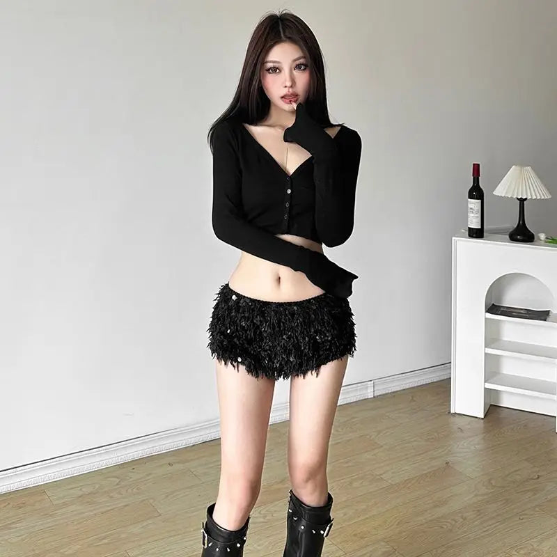 Spicy Girl Black Low Waist Shorts Summer New Glitter Furry Slimming Ultra Short Hot Pants for