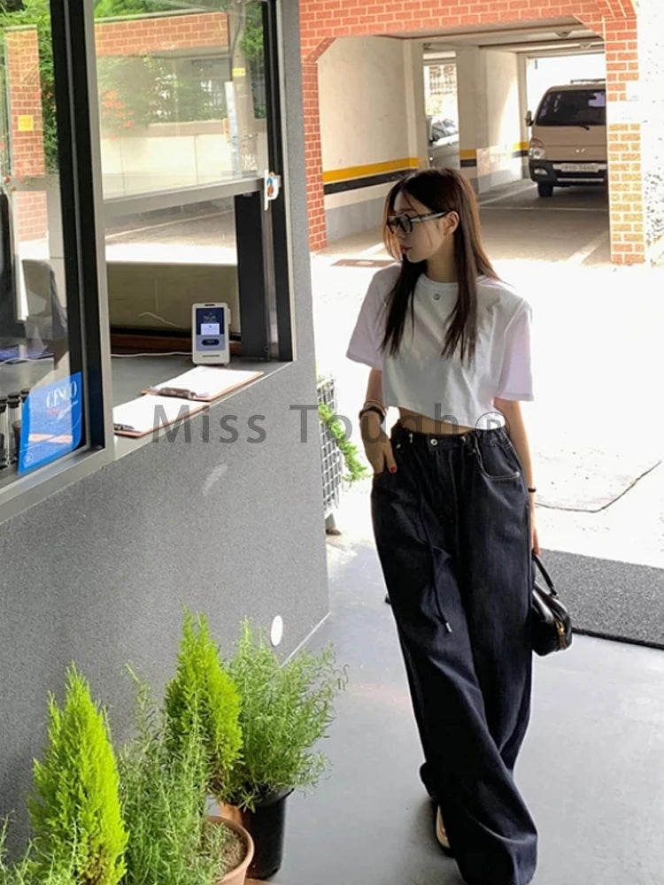 Korea High Waist Jeans New Drawstring Loose All Match Trousers Blue Design Wide Leg Pants Autumn