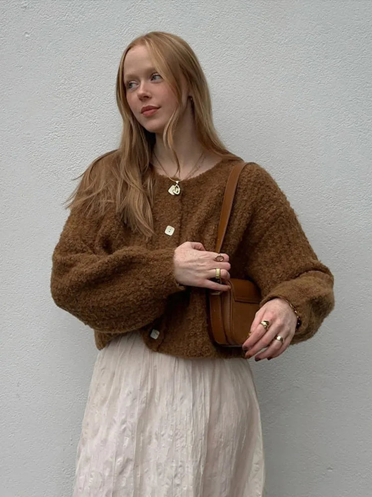 Color Simple Knitted Cardigan Loose Round Neck Single Breasted Sweater Retro Tops Short Sweaters