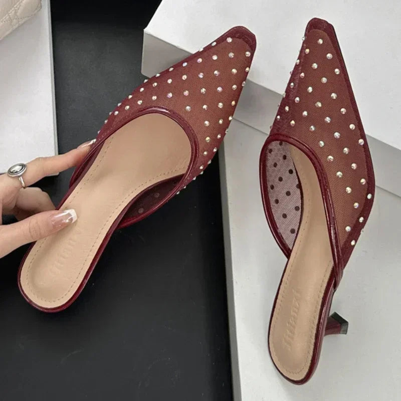 Summer Mesh Rhinestone High Heels Breathable Pointy Toe Shallow Mouth Dress Shoes Slippers Female