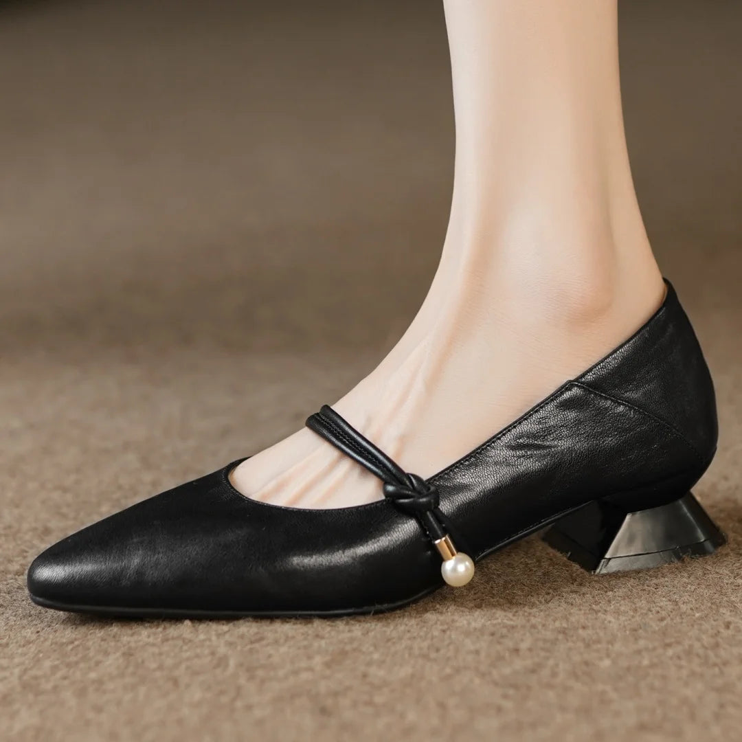 3441 Genuine Leather Pointed Toe Mary Jane Pumps 3cm Kitten Heel Daily Dress Heeled Shoes