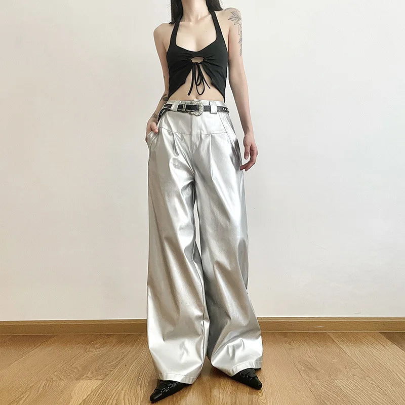 Silver Retro Matte Personalized Allmatch High Street Cool Confident Autumn Wide Leg Pants