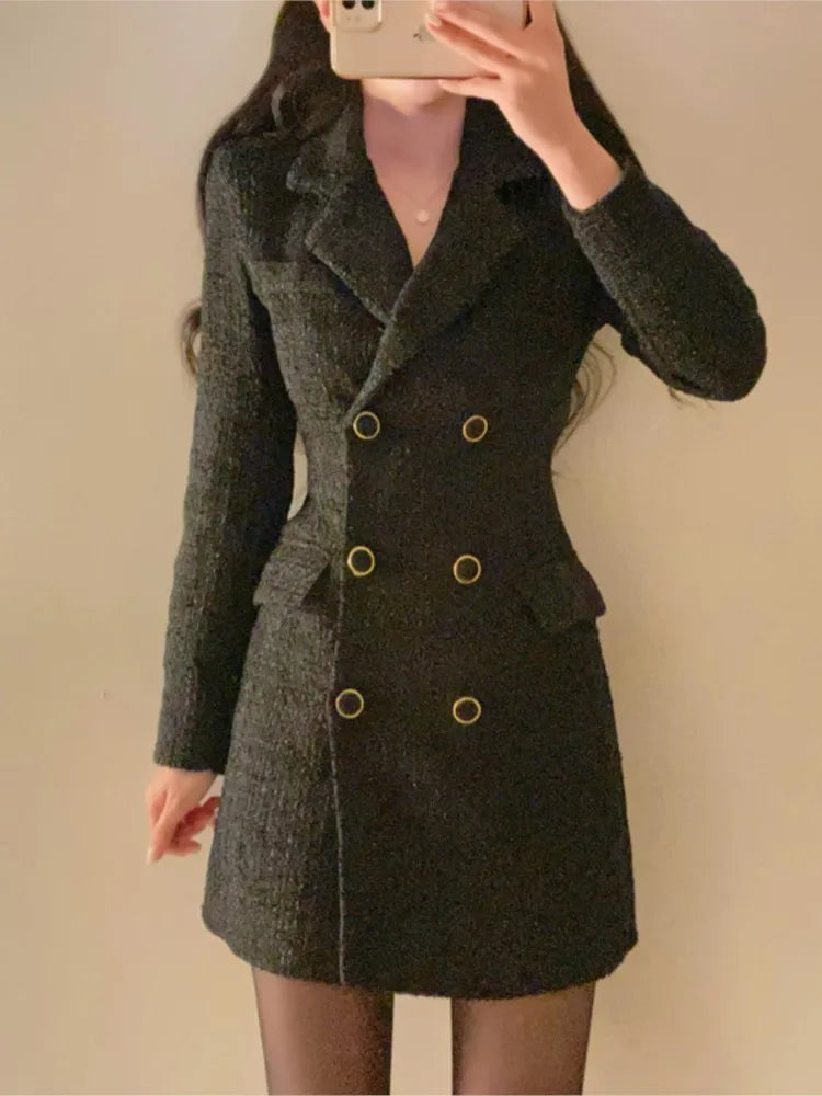 Autumn Winter Tweed Blazer Dress Double Breasted Slim Short Dresses for Korean Office Lady Coat Dress New