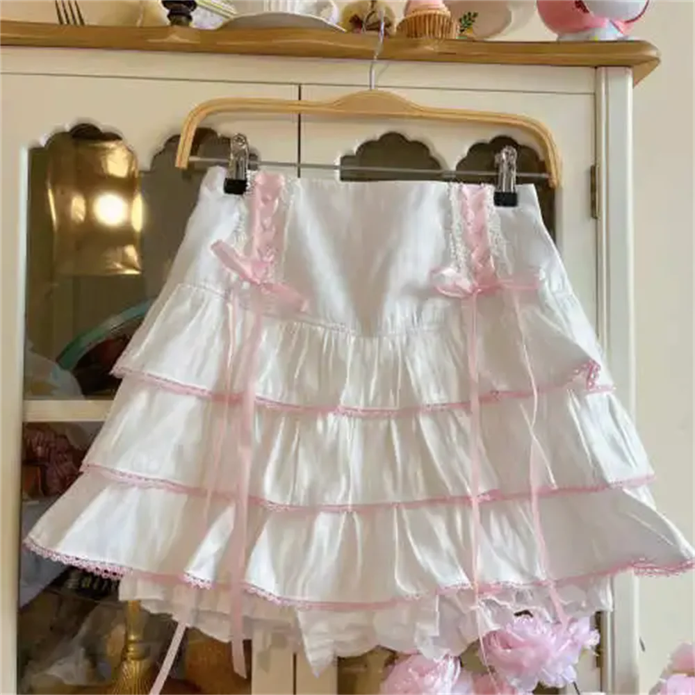 High Waist Bow Laceup Fairy Y2k Aesthetic Cake Mini Skirts Japanese Harajuku Kawaii Lace Pleated Skirts