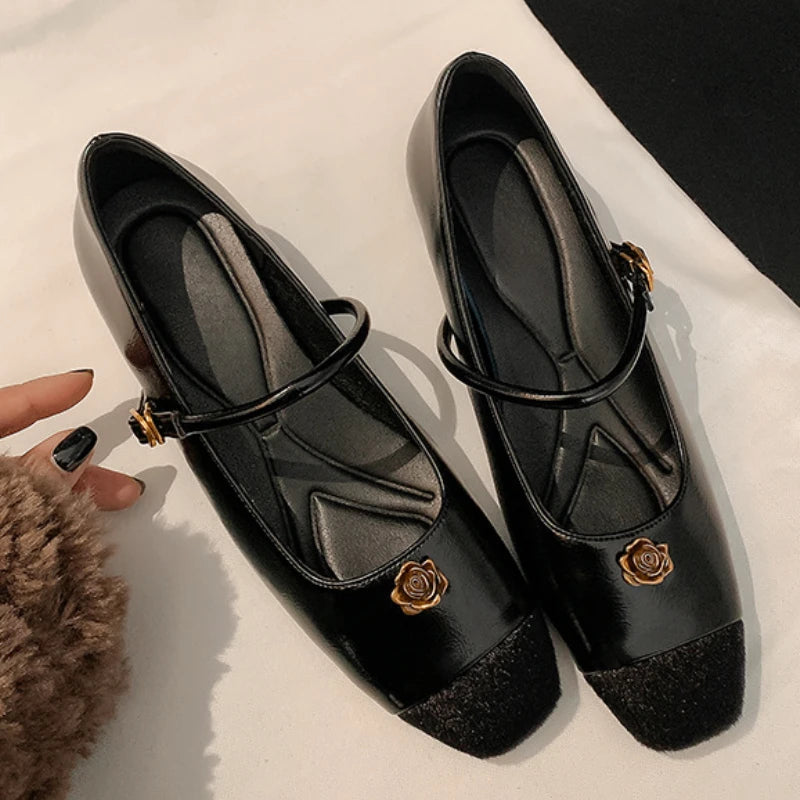 Simple Flower Mary Jane Shoes Spring New Round Head One Strap Metal Buckle Office Square Heel Flat Shoes