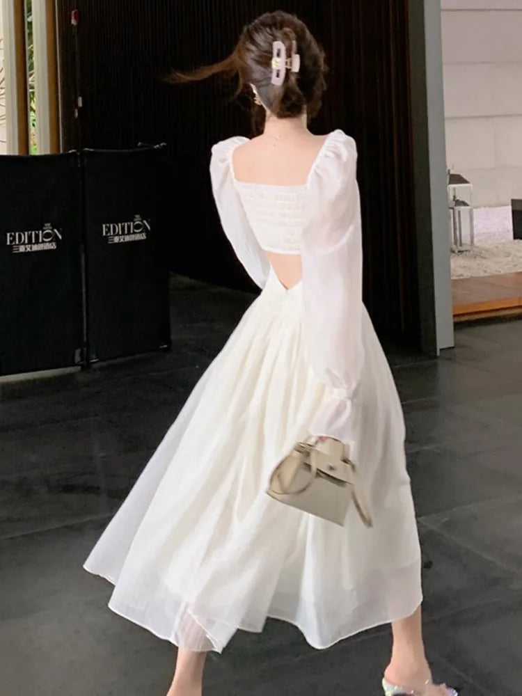 White Bandage Oneck Lantern Sleeve Maxi Midi Dresses for Party Holiday Backless Prom Bodycon Dress Summer