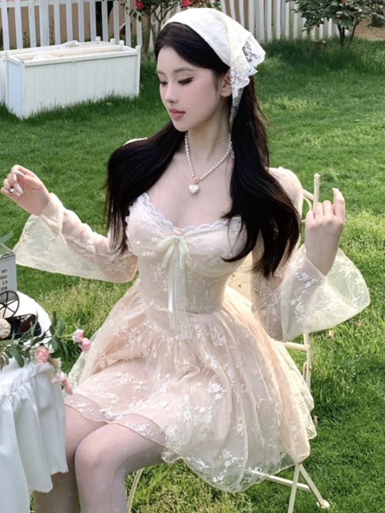 Sweet Fairy Dresses Lace Patchwork Bow Laceup Square Collar Flare Long Sleeve Party Mini Dress Short Vestidos