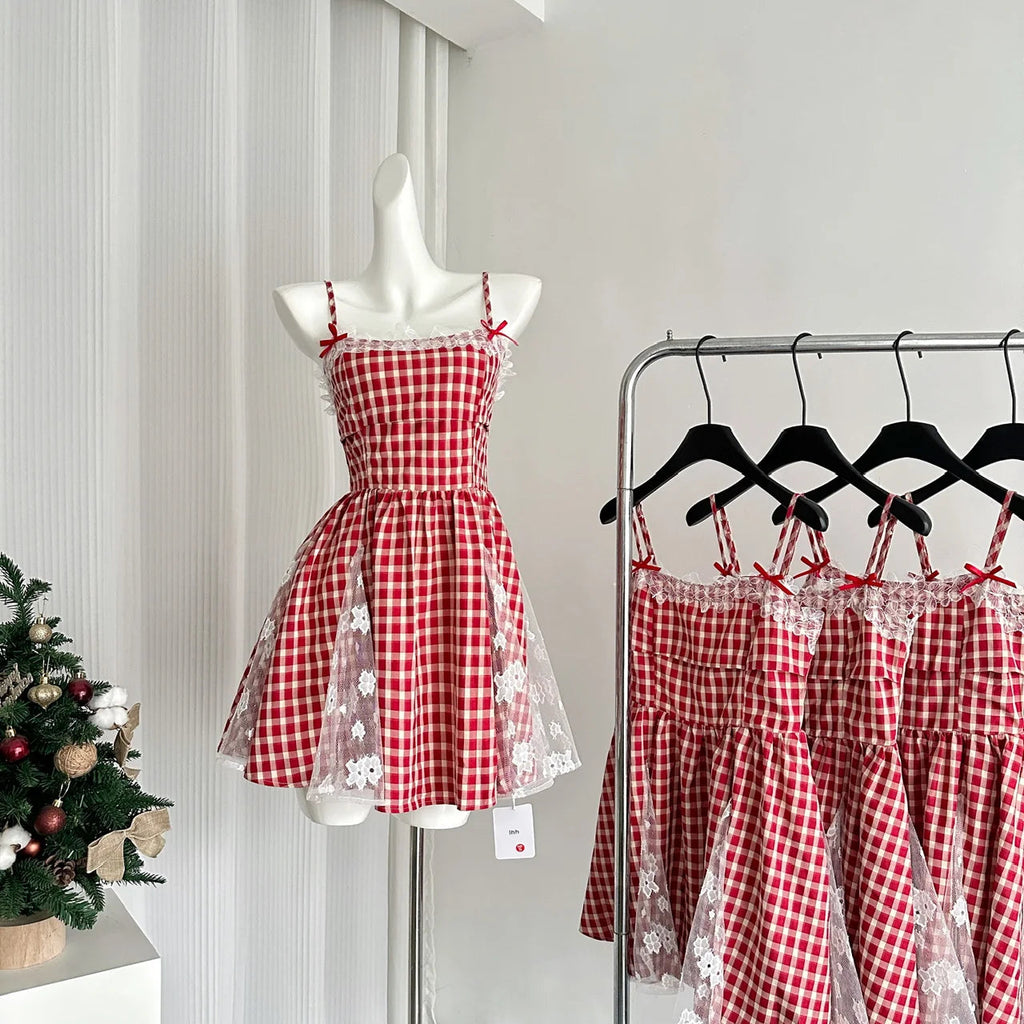 Evening Party Y2k Plaid Mini Dress Sweet Lace Japanese Kawaii Strap Dresses Korean Summer