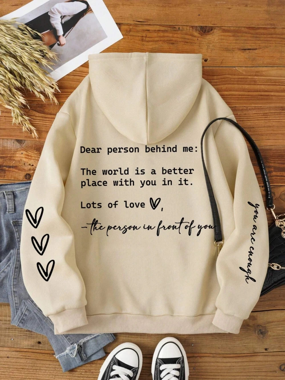 Dear Person Behind Me Letter Graphic Print Hoody ’s Soft Sweatshirt Autumn Warm Fleece Hooded Loose Tops