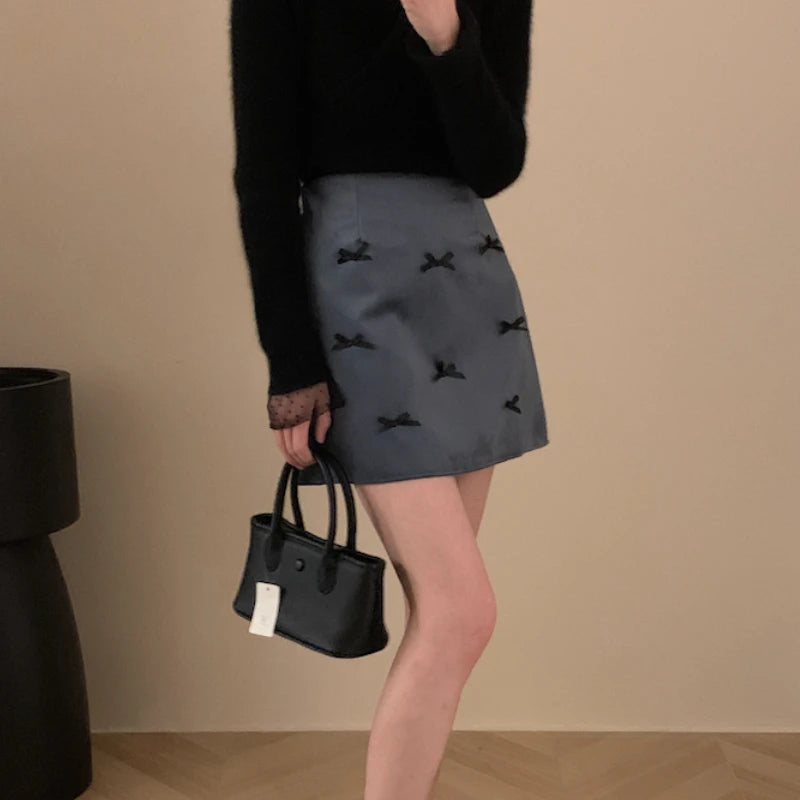 Korean Contrast Color Bow Splicing Aline Skirt Spring New High Waist All Match Velvet Mini Skirt