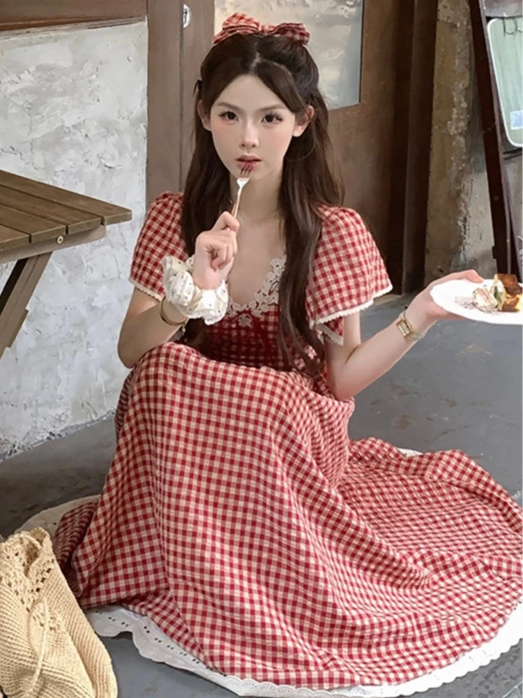 Red Plaid Midi Dresses for Lace Patchwork Vneck Aline Sweet Summer New Party Dress Kawaii Vestidos Mujer