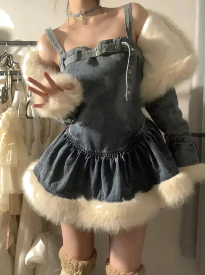 Autumn Winter Korean Temperament Patchwork Plush Denim Jacket + Slip Dress Pants Slimming Versatile 2 Pieces Set