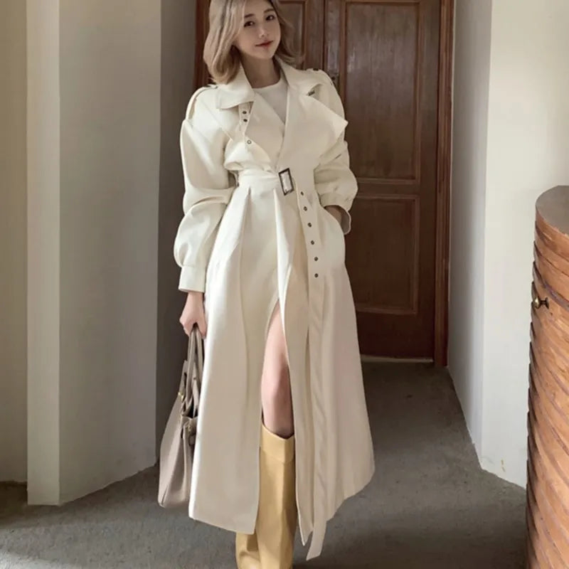 Autumn Winter Woman New Lapel Windbreaker Trench With Belt Korean Style Outerwears Midi Coats