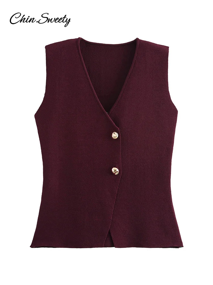 Single Breasted Knitted Vest Top Wine Red V-neck Sleeveless Sweater Tank Female Autumn Lady Knitwear New