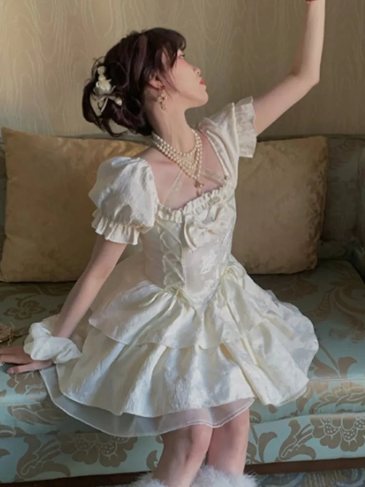Sweet Mini Dress for Bow Puff Sleeve Princess Birthday Party Short Dresses Korean Laceup Aline Vestidos Mujer