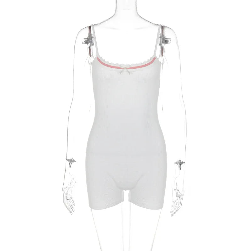 Pastel Gothic Playsuits Shorts Coquette Aesthetic Bodycon Kwaii Rompers White Bow Backless Ribbed Tops