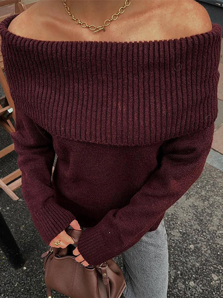 Knitted Off Shoulder Sweater Loose Long Sleeve Pullover Sweaters Lady Spring Versatile Street Knitwear